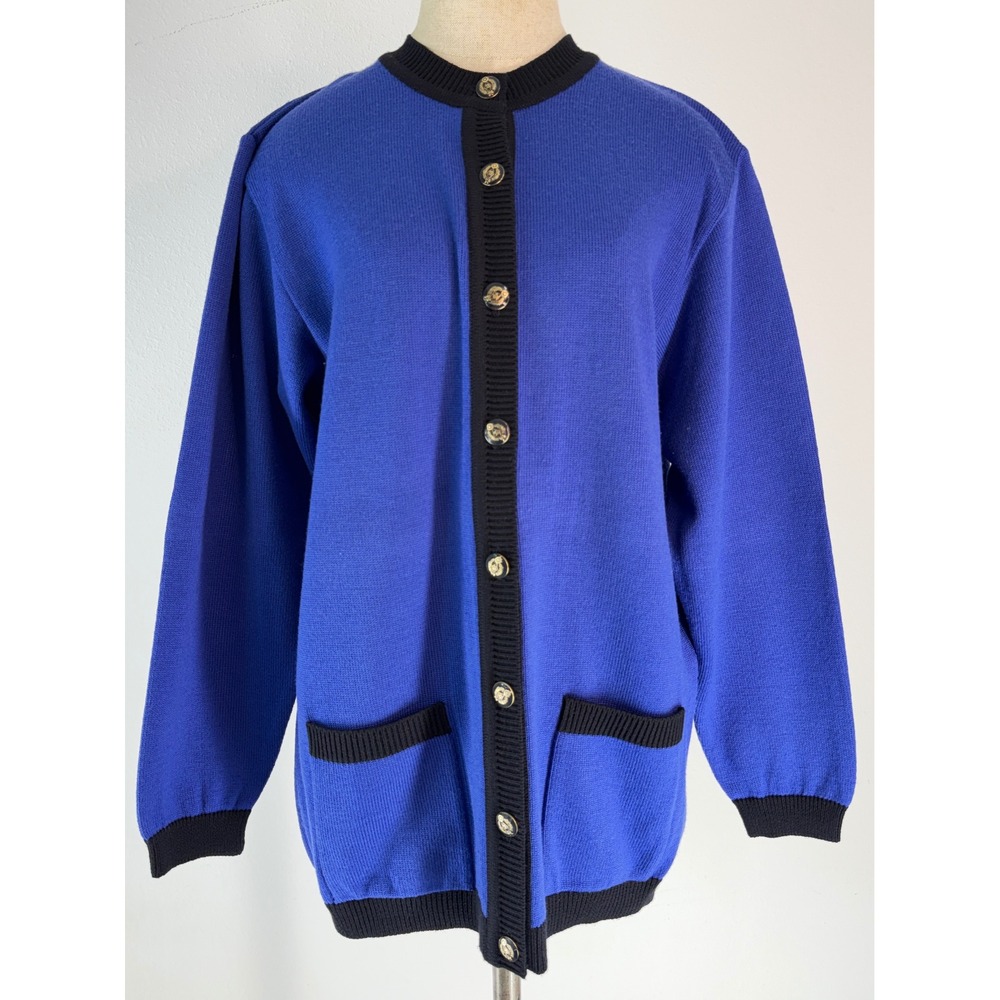Vintage Basler Wool Cardigan Preppy Cobalt Blue Navy Trim Ornate Old Money US 10